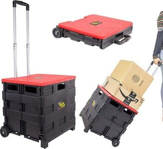 Quik Cart Collapsible Rolling Crate on Wheels for Teachers Tote Basket 80 lbs Capacity - Red Lid