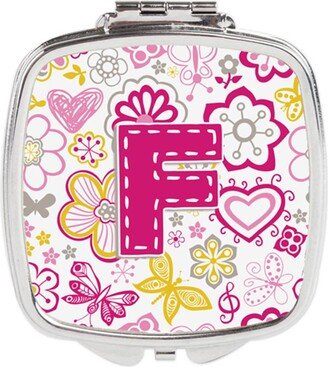 CJ2005-FSCM Letter F Flowers & Butterflies Pink Compact Mirror