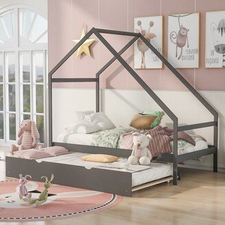 GEROJO Sturdy Solid Pine Twin Size House Bed With Twin Size Trundle, No Box Spring Required