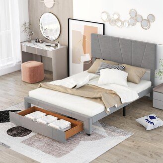 Aoolive Queen Size Upholstery Platform Bed with One Drawer and Adjustable Headboard