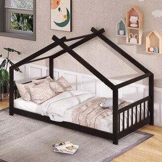 NINEDIN Twin Size House Bed Wood Montessori Bed with Headboard & Footboard for Kids Boys Girls Toddlers, No Box Spring Needed, Espresso