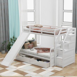 GEROJO Twin over Full Pine Wood+MDF Bunk Bed with Drawers,Storage and Slide & Guardrail & Handrails, Stable Structure, Smooth Paint