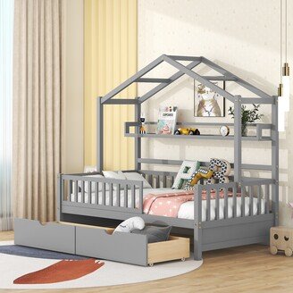 Sunmory Wooden Twin Size House Bed with 2 Drawers,Kids Bed with Storage Shelf