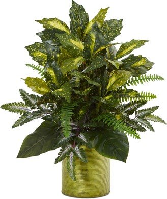 Mixed Greens Artificial Plants in Green Tin Planter