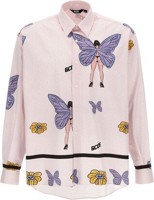 Butterfly-Print Straight Hem Shirt