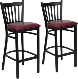 Emma and Oliver 2 Pack Black Vertical Back Metal Restaurant Barstool - Burgundy Vinyl Seat