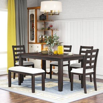 IGEMAN Rustic Style 6-Piece Dining Room Table Set with 4 Ergonomic Designed Chairs & a Bench-AA