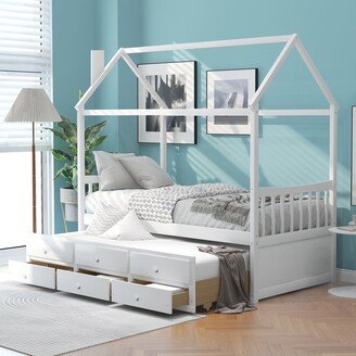 Calnod Twin Size House Shaped Canopy Bed with Twin Trundle and 3 Storage Drawers - Solid Wood Slats Support