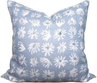 Schumacher Meadow Rock Pillow Cover - Blue Floral Solid Ivory Linen Back All