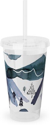 Travel Mugs: Watercolor Mountains Landscape - Blue Acrylic Tumbler With Straw, 16Oz, Blue