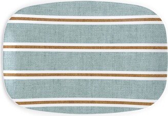 Serving Platters: Stripes, Magnolia Flowers Coordinate - Rust On Blue Serving Platter, Green