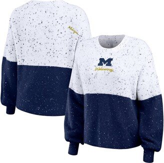 Women's Wear by Erin Andrews White, Navy Michigan Wolverines Colorblock Script Pullover Sweater - White, Navy