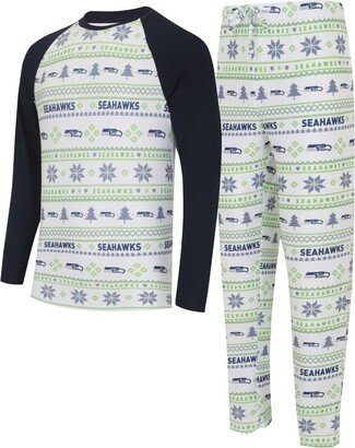 Men's Concepts Sport White/Navy Seattle Seahawks Tinsel Raglan Long Sleeve T-Shirt & Pants Sleep Set