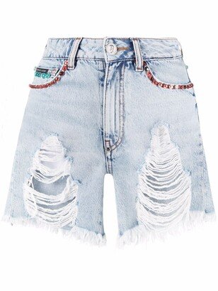 Crystal-Embellished Ripped Denim Shorts