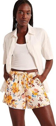 Linen-Blend Pull-On Shorts (Yellow Floral) Women's Clothing