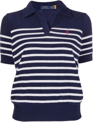 Navy Striped Cotton Polo Shirt