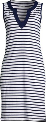 Women's Plus Size Cotton Jersey Sleeveless Swim Cover-up Dress Print - White/deep sea stripe