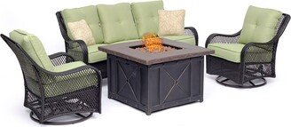 Orleans 4-Piece Woven Fire Pit Lounge Set in Avocado Green with Sofa, 2 Swivel Gliders and Durastone Fire Pit