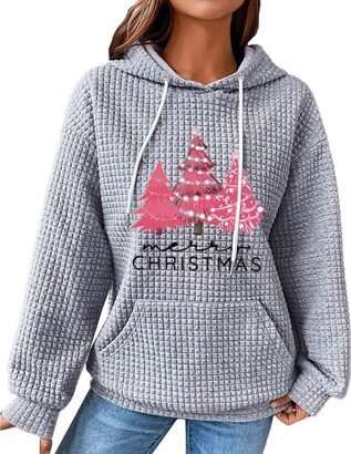 Generic PJZQXS Women Christmas Waffle Hoodie Pink Xmas Tree Graphic Sweatshirt With Pocket Christmas Letter Printed Poullover Tops(Grey