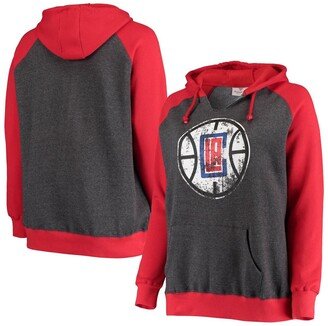 Women's Branded Charcoal and Red La Clippers Plus Size Raglan Notch Neck Pullover Hoodie - Charcoal, Red