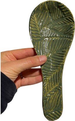 Handmade Ceramic Speckled Kiwi Green Spoon Rest With Pressed Vintage Lace Print Texture