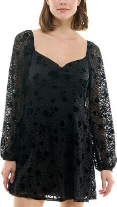 Juniors' Flocked Lace Sweetheart A-Line Dress