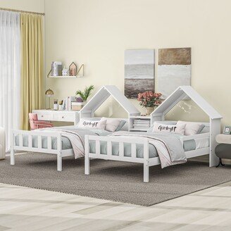 HOMEBAY Double Twin Size Platform Bed with House-shaped Headboard and a Built-in Nightstand