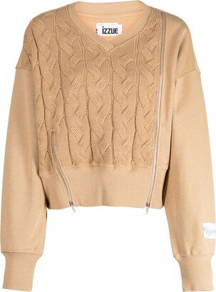 V-neck long-sleeve cable-knit jumper