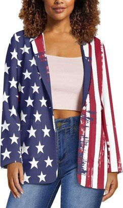 Horeset American Flag Women's Long Sleeve Stretchy Patriotic Printed Open Front Lightweight Work Office Blazer Jackets