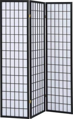 3 Panel Screen with Grid Design Wooden Frame, Black