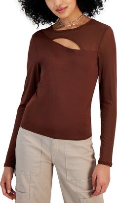 Juniors' Asymmetrical Mesh Long-Sleeve Top