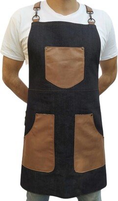 Denim Apron. Dark Blue Jean Indigo Apron With Leather Pockets & Straps, Perfect Fit Practical Handmade Apron