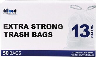 Plasticplace 13 Gallon Extra Tall Drawstring Kitchen Bags, White (50 Count)