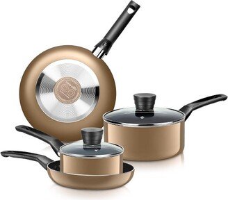 6 Piece Kitchenware Pots & Pans Set – Basic Kitchen Cookware, Black Non-Stick Coating Inside, Heat Resistant Lacquer (Gold)
