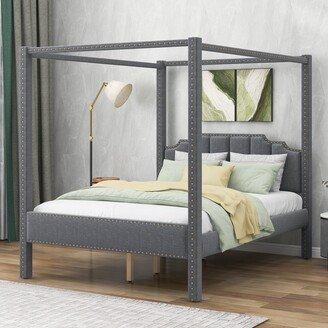 Calnod Queen Szie Canopy Bed Frame for Teens Adults, Upholstery Platform Bed with Headboard, Wood Support Legs, No Box Spring Needed