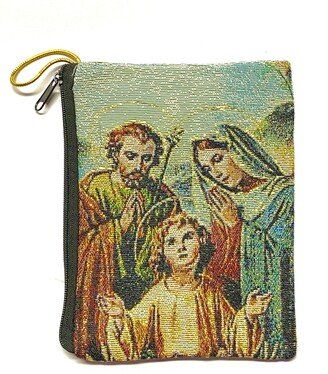 Holy Family Joseph Mary Jesus Rosary Pouch Tapestry Cloth Woven Bag Zippered Coins Purse Two-Sided 4 X 5.5 Sagrada Familia Rosario