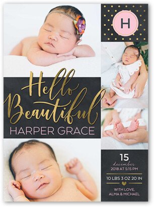 Birth Announcements: Hello Script Girl Birth Announcement, Grey, Matte, Signature Smooth Cardstock, Square