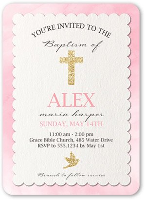 Baptism Invitations: Cross And Dove Girl Baptism Invitation, Pink, 5X7, Standard Smooth Cardstock, Rounded