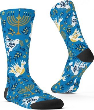 Socks: Hanukkah Birds Menorahs - Light Blue Custom Socks, Blue