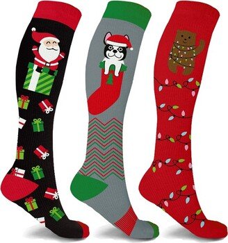 Copper Zone Santa & Pets Holiday Fun Knee High Compression Socks - Great Stocking Stuffer - 3 Pair Pack - Large/XL