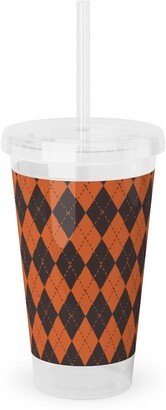 Travel Mugs: Halloween Argyle - Orange And Black Acrylic Tumbler With Straw, 16Oz, Orange