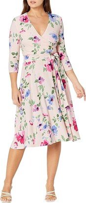 Petite Floral Surplice Jersey Dress (Pink Multi) Women's Dress