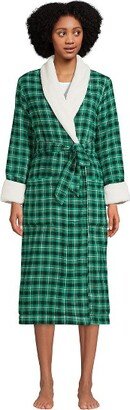 Land' End Women' Flannel High Pile Fleece Lined Long Robe - Small - Emerald Gulf Field Check