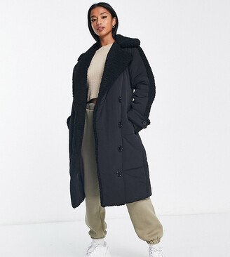 Urban Code Petite longline double breasted puffer coat in black with contrast cream borg trim