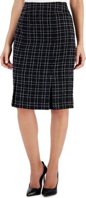 Petite Plaid Tweed Kick-Pleat Pencil Skirt - Black/Lily White