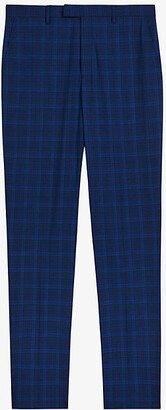 Mens Dk-blue Slim-fit Checked Straight-leg Mid-rise Wool and Silk Trousers