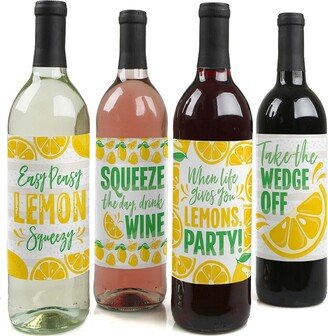 Big Dot Of Happiness So Fresh - Lemon - Citrus Lemonade Party Decor - Wine Bottle Label Stickers 4 Ct