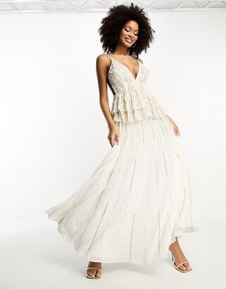 cami maxi dress with floral embellishment and tiered peplum in white