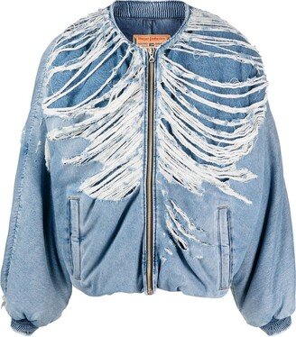 Frayed-Detail Denim Bomber Jacket