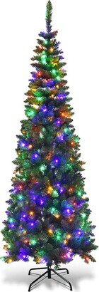 Tangkula 7.5ft Pencil Christmas Tree Pre-Lit Hinged Artificial Decoration w/ 350 Colorful Lights